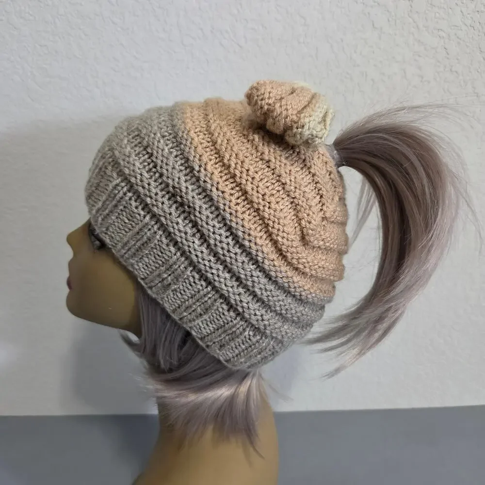 Handmade Knit Beanie Hat Womens OS Bow Pony Tail Hole Fall Winter Cute